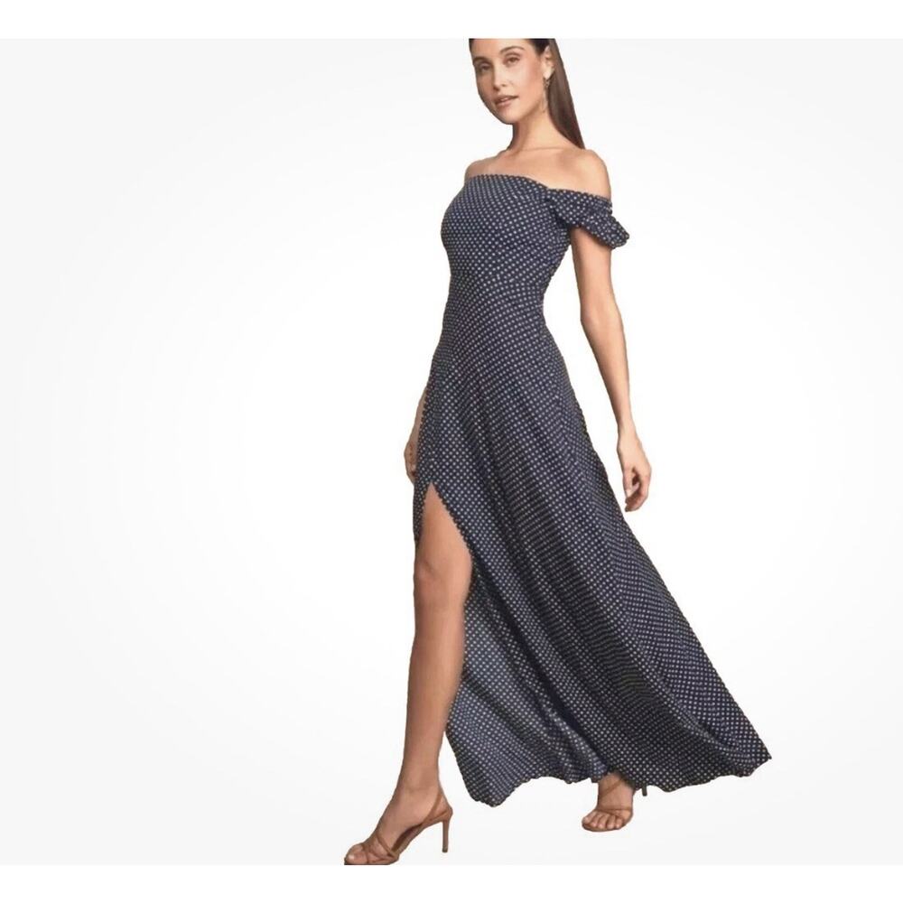 Lulus Navy Blue Polka Dot Off the Shoulder Summer Flowy Maxi Dress Sz M